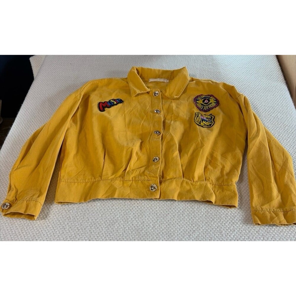 Vintage Mustard Yellow Cropped Utility Jacket Embroidered Patches Button Front